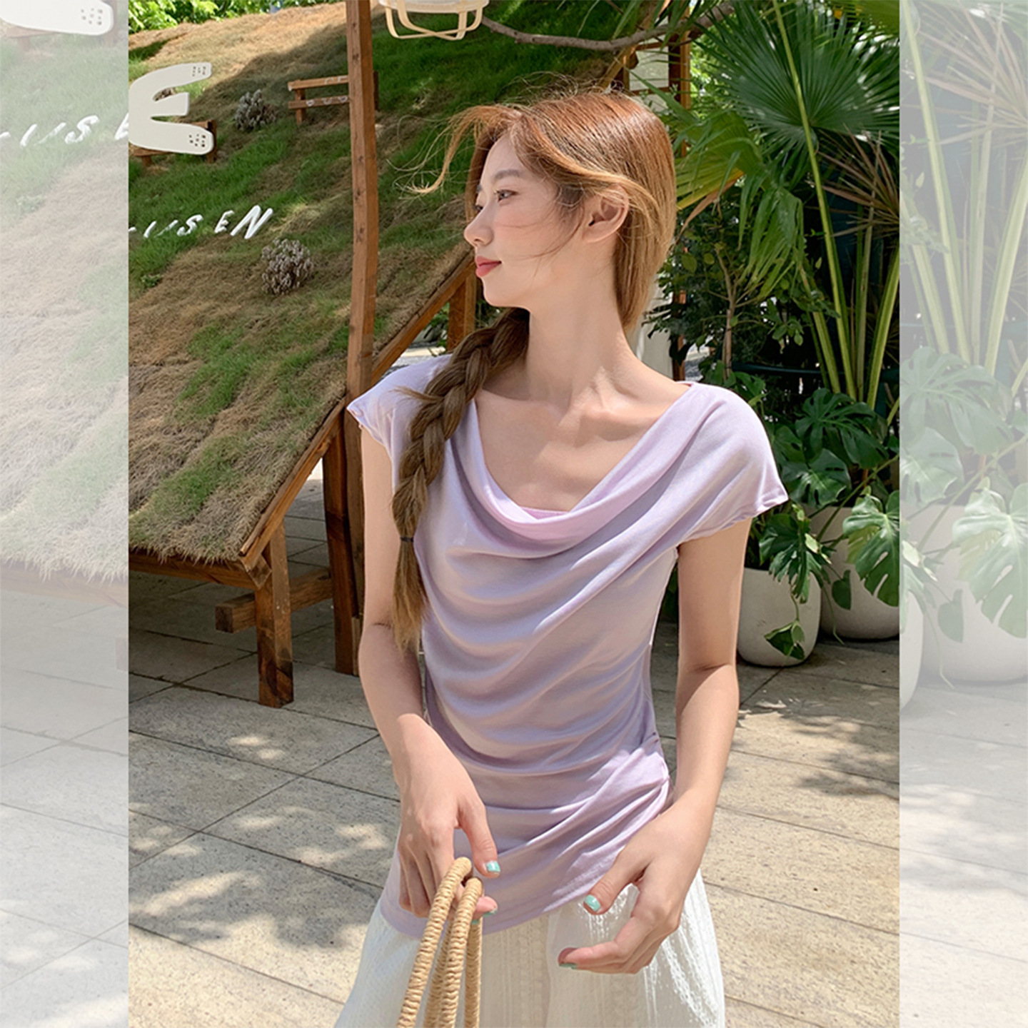 美式紫色荡领收腰褶皱设计感短袖t恤女2025夏季新款独特漂亮上衣
