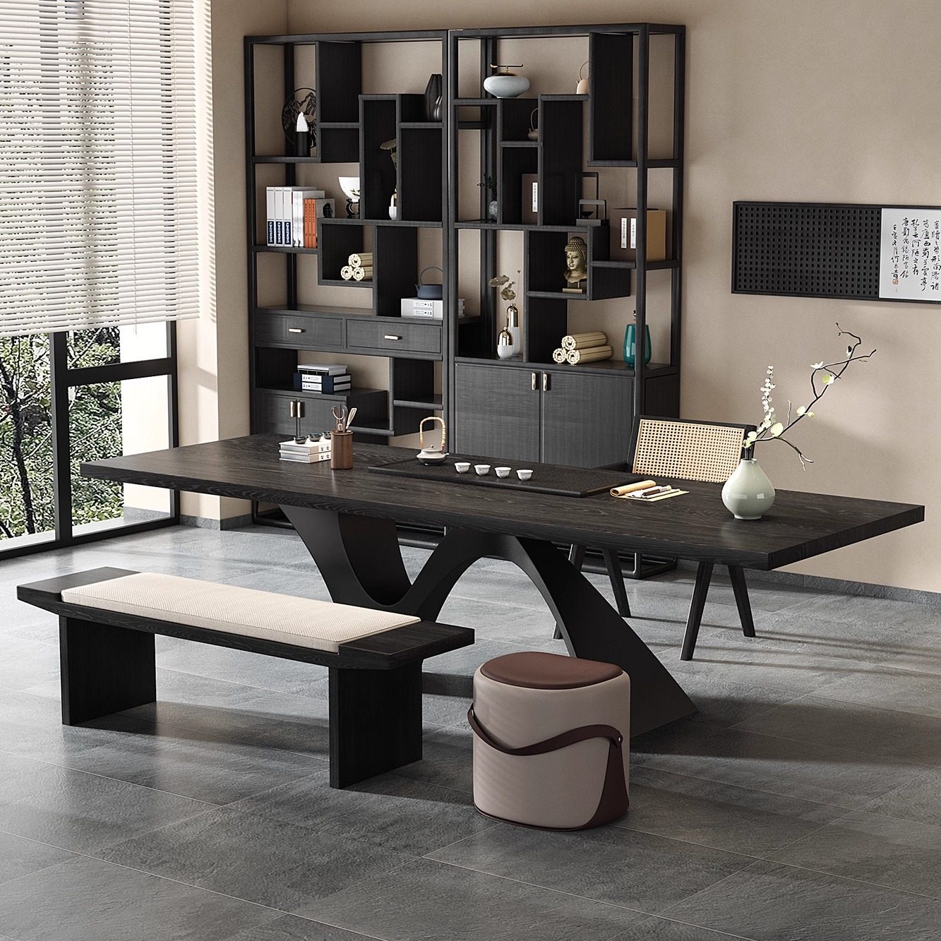 宋代美学实木茶桌办公桌一体两用