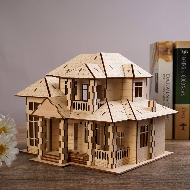 手工小屋农村别墅建筑模型桌面微景观摆件木质拼装玩具