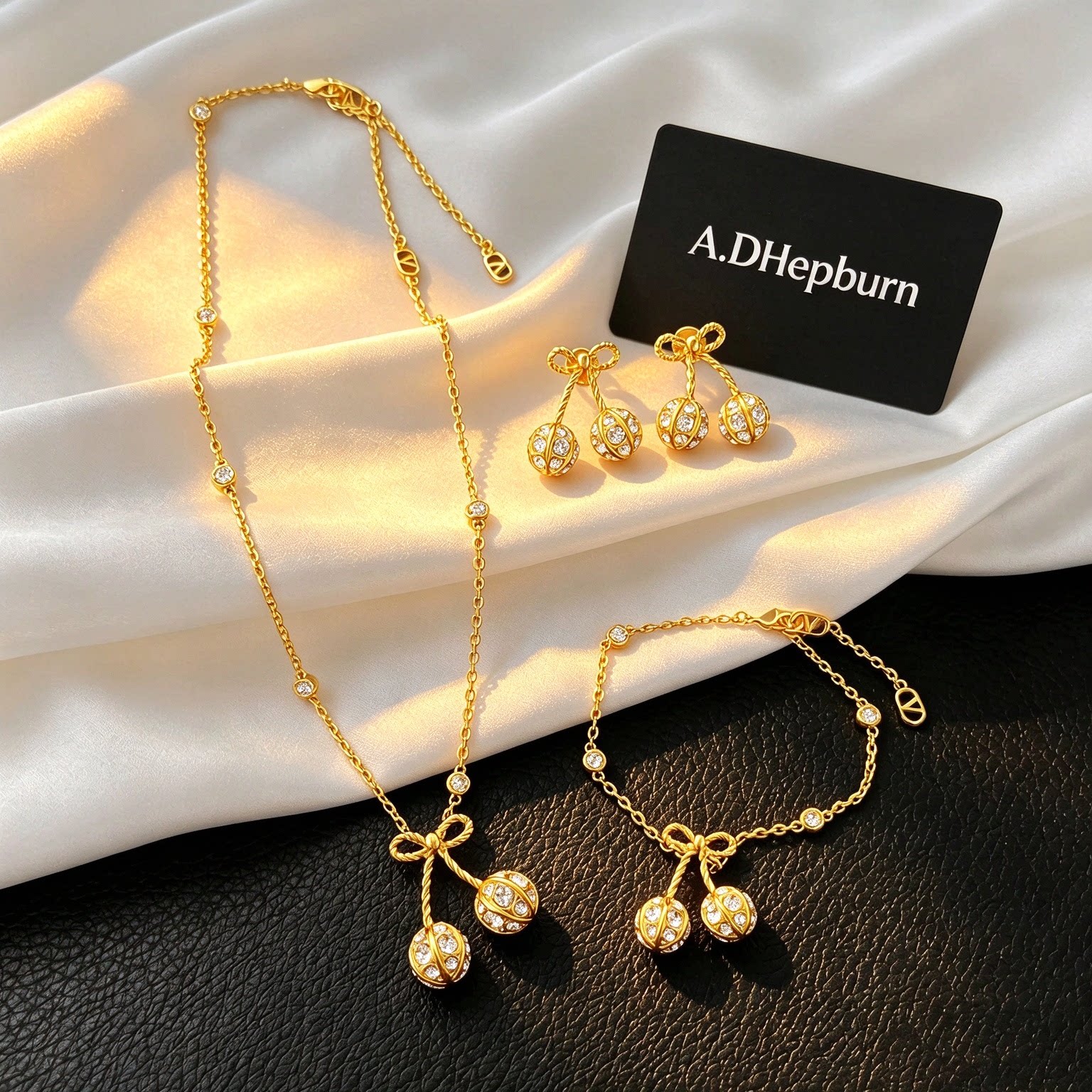 A.DHepburn镶钻樱桃套组项链手链小众设计轻奢精致时尚简约耳钉女