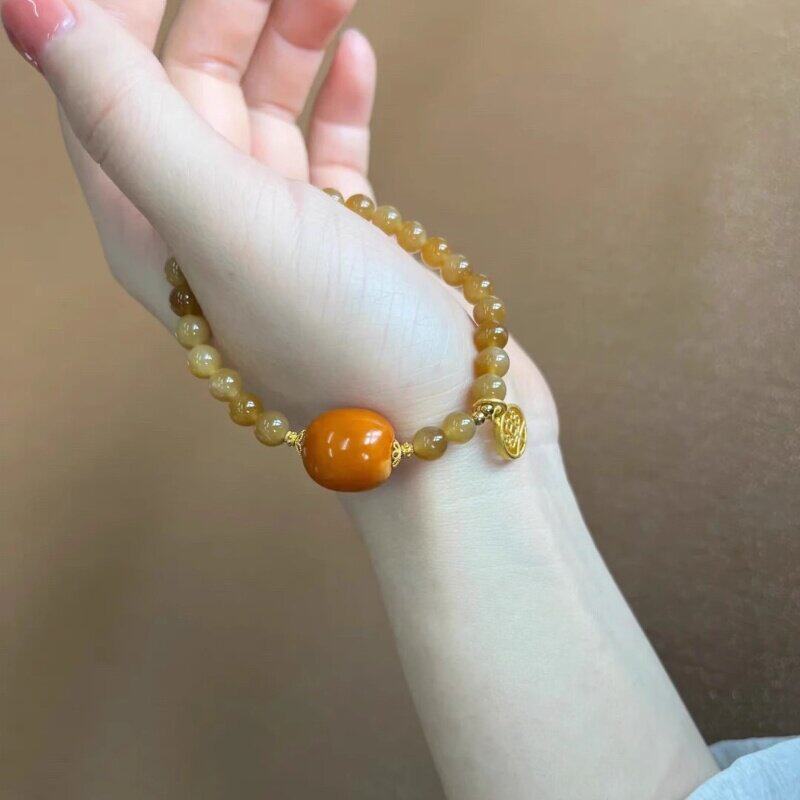 焦糖色琥珀圆珠手链女气质款
