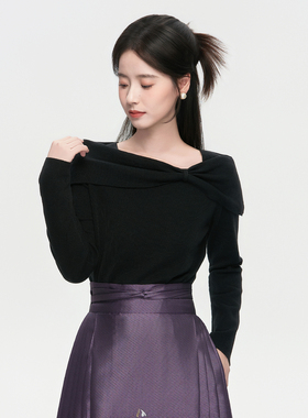 星河汉歌伶肩黑色一字肩毛衣女明制汉服日常马面裙上衣2026新款冬