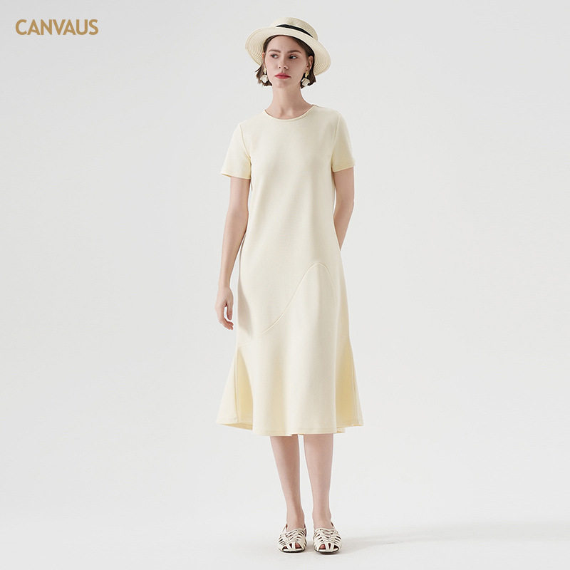 CANVAUS中长连衣裙女夏季新款短袖宽松显瘦休闲法式气质鱼尾裙子