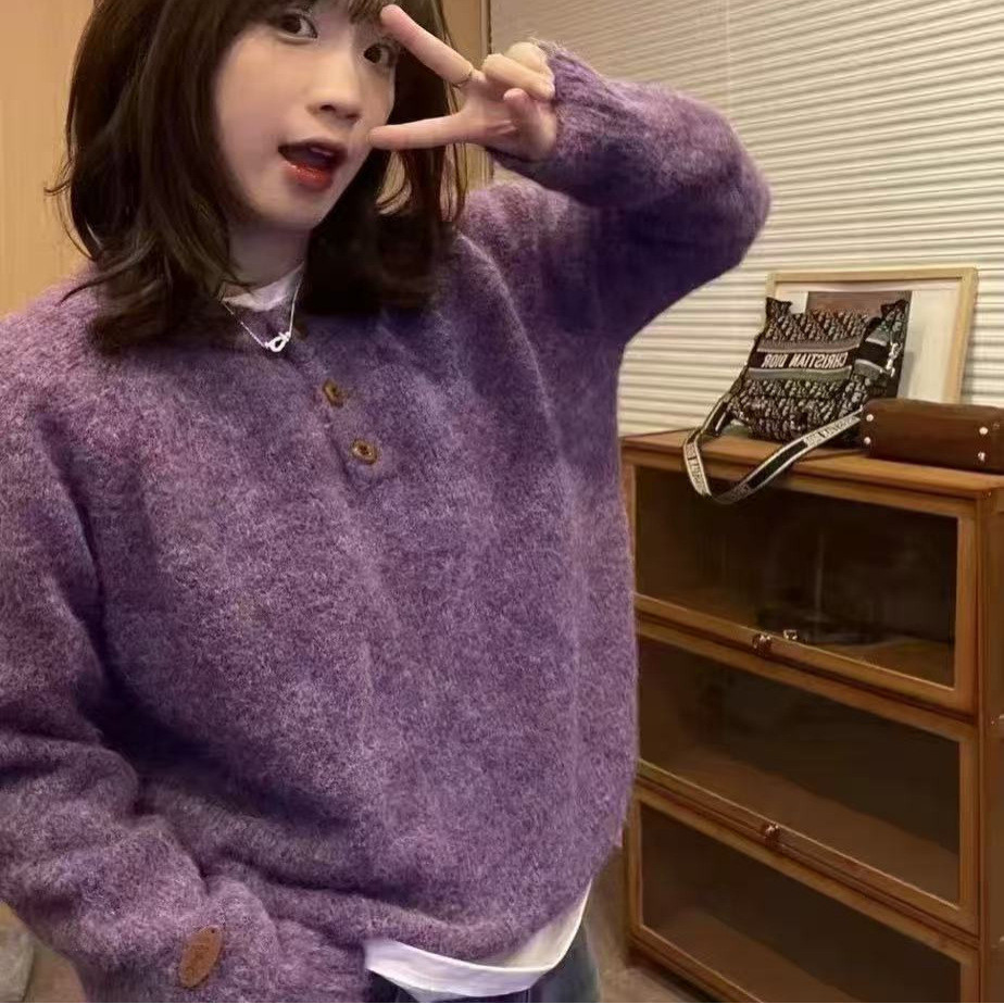 egg家紫色软糯圆领毛衣女秋冬百搭温柔风宽松外穿慵懒风针织衫