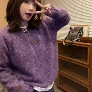egg家紫色软糯圆领毛衣女秋冬百搭温柔风宽松外穿慵懒风针织衫