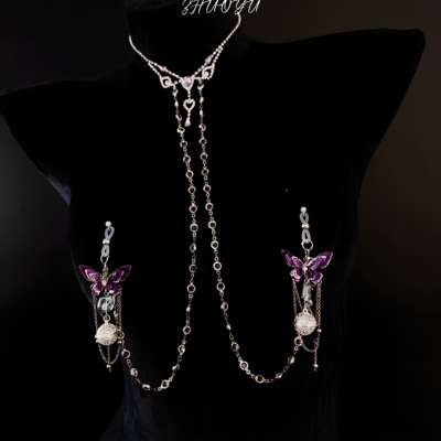 灼欲*轻奢手作蝴蝶铃铛项链连体胸链身体链葡萄夹可外出穿戴饰品