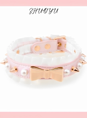 灼欲*粉色蕾丝珍珠铆钉真皮项圈小狗颈饰puppy蝴蝶结脖颈定制刻字