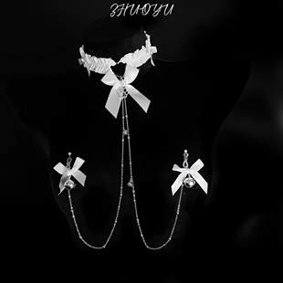 灼欲 手作性感蝴蝶结爪爪吊牌项链铃铛R夹草莓夹穿戴胸链身体链