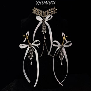 灼欲*精致复古珍珠流苏花朵镶钻蝴蝶结丝带项链女胸链夹子身体链