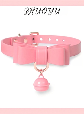 灼欲*真皮樱花粉项圈choker铃铛cos项链puppy颈环刻字情侣礼物