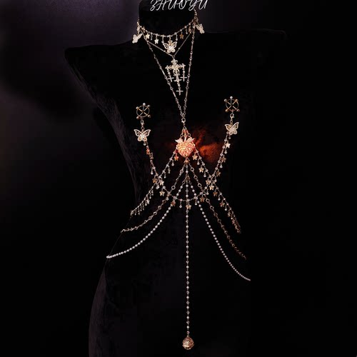 灼欲*重工设计高级复古法式宫廷风胸链r夹腰链性感项链连体身体链