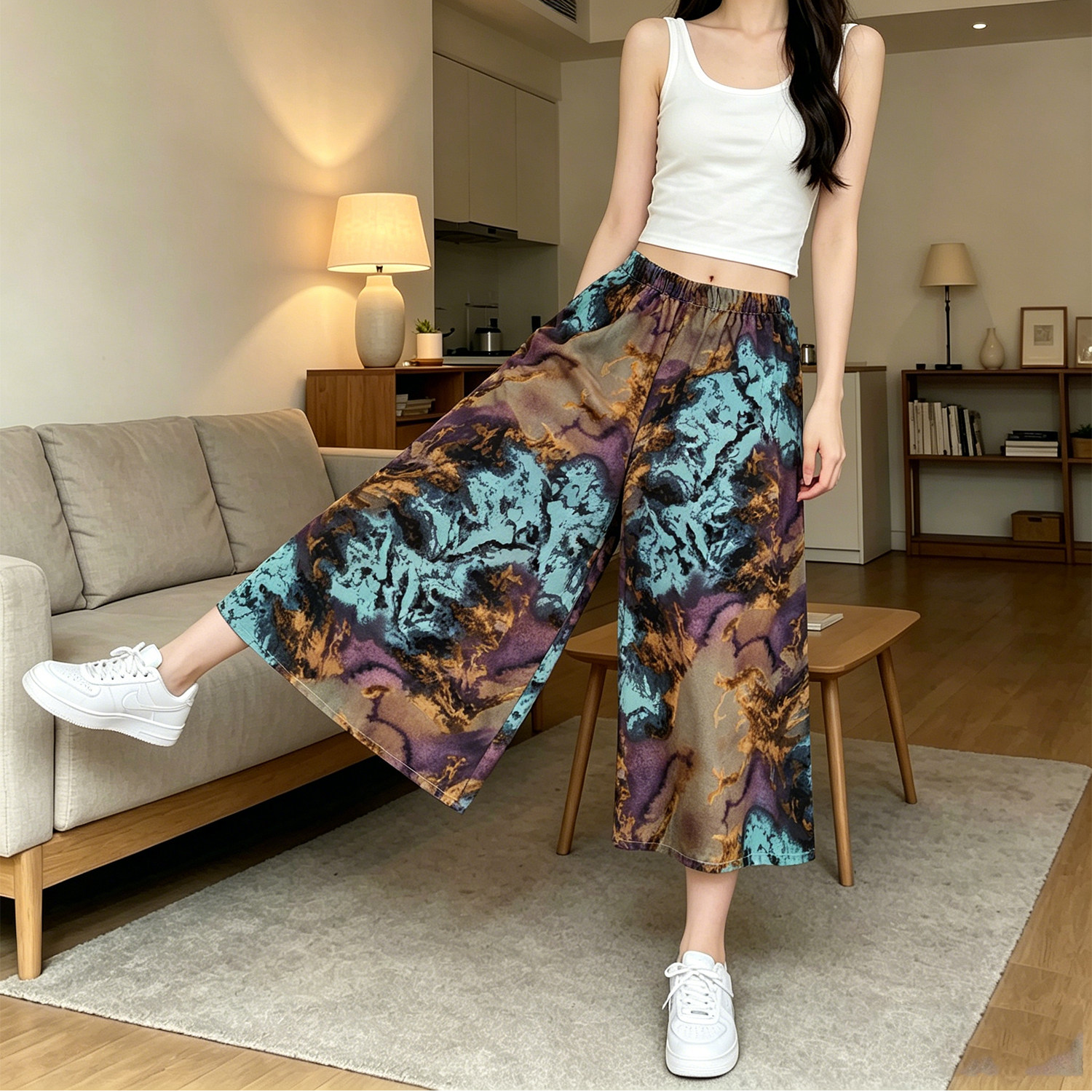 夏季女士高腰显瘦宽松七分裤百搭大码宽松碎花阔腿裤女水墨风裤裙