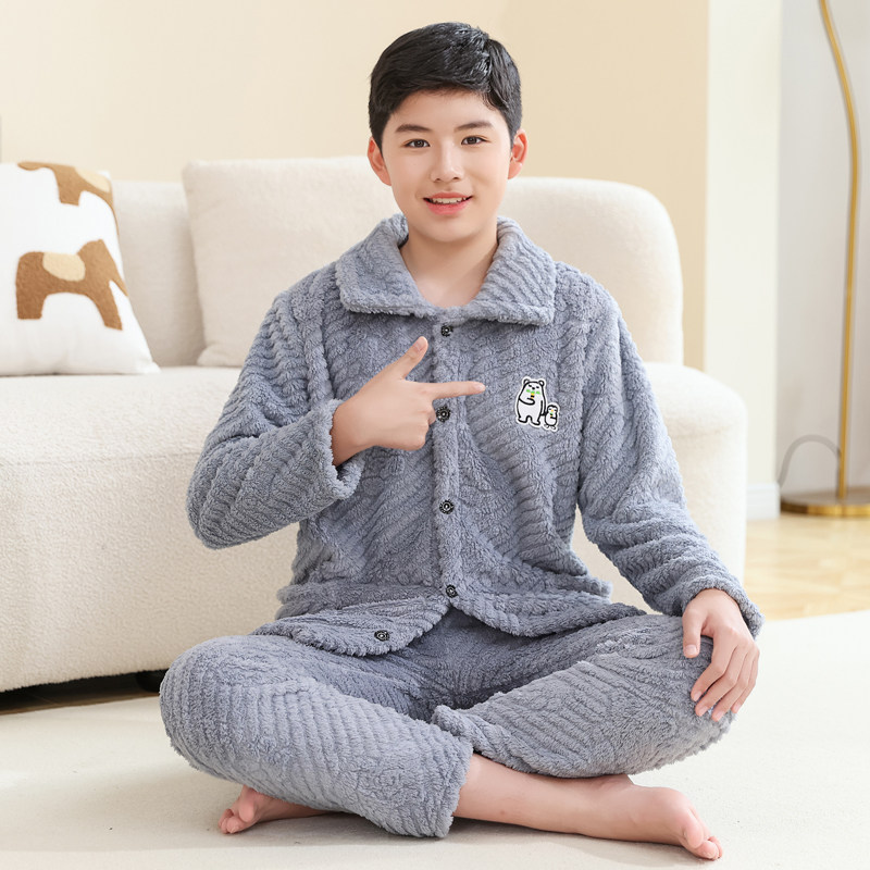 秋冬季大童青少年加厚珊瑚绒睡衣套装男童儿童男孩子法兰绒家居服