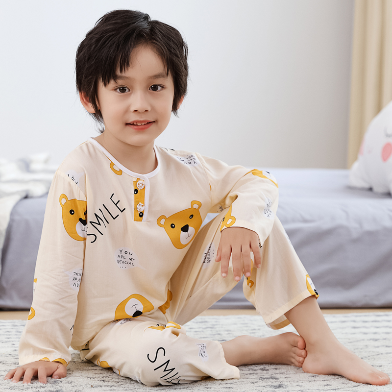 夏季男孩绵绸家居服套装儿童棉绸睡衣男童宝宝长袖薄款空调服