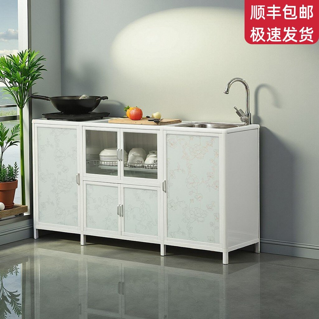 简易不锈钢整体橱柜厨房柜子租房用?具车储物家用灶台柜一体水槽