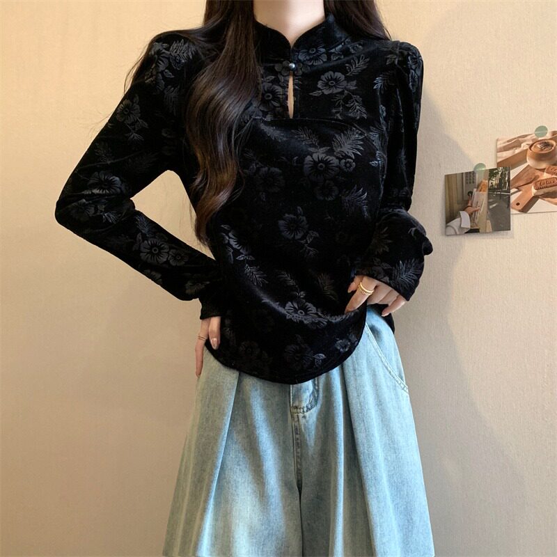 热销中式国风提花丝绒衬衫女秋季新款大码胖mm显瘦黑色盘扣打底衫