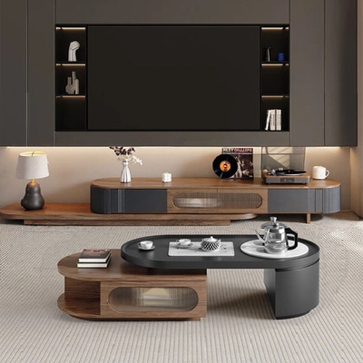 中古风实木茶几电视柜组合客厅家用大小户型可伸缩多功能实木茶台