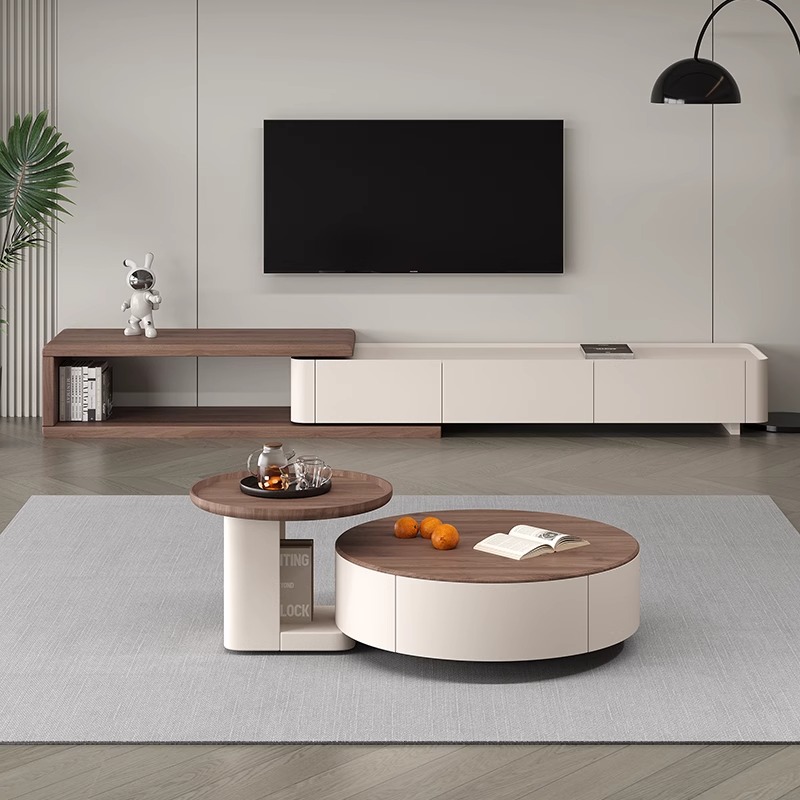 奶油风圆形茶几伸缩电视柜组合客厅家用小户型新款胡桃色轻奢现代