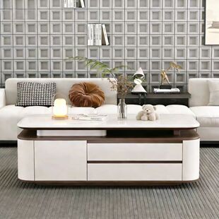 实木奶油风微晶石泡茶一体茶几客厅家用小户型高级感现代简约茶桌