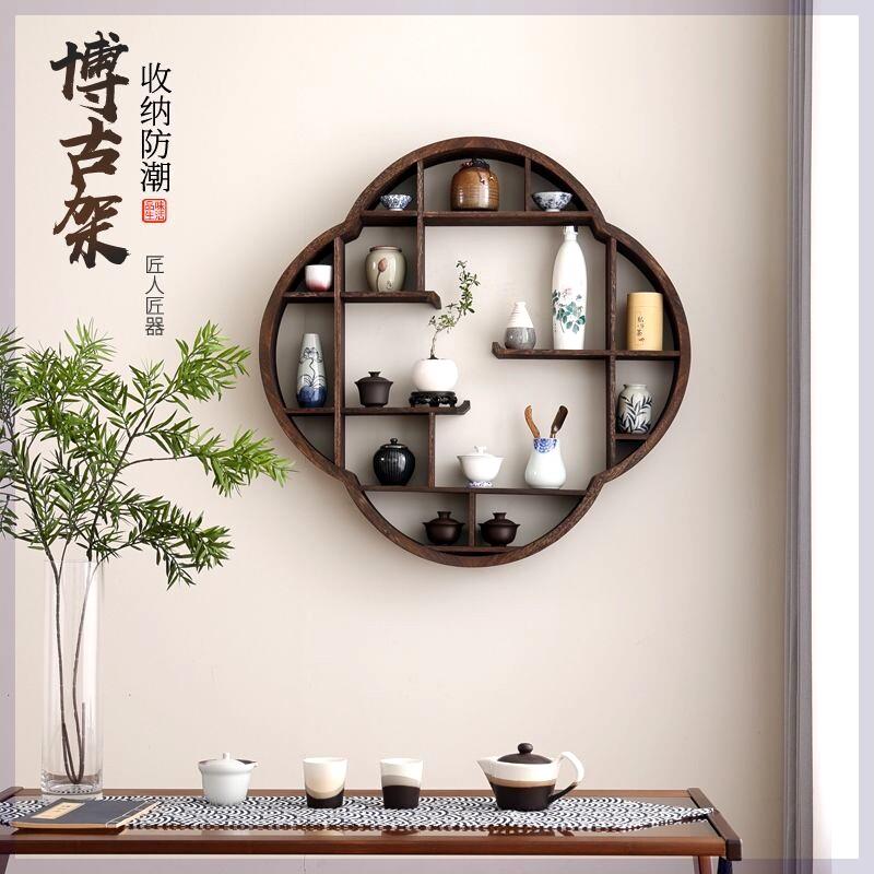 梅花博古架墙上实木中式墙面壁挂式多宝阁挂墙茶壶架子仿古置物架