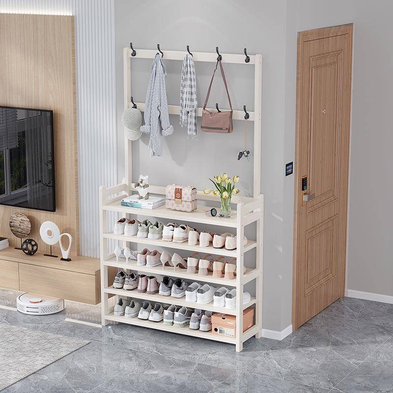 门口多层鞋架家用落地鞋柜衣帽架一体多功能收纳层架入户玄关挂衣