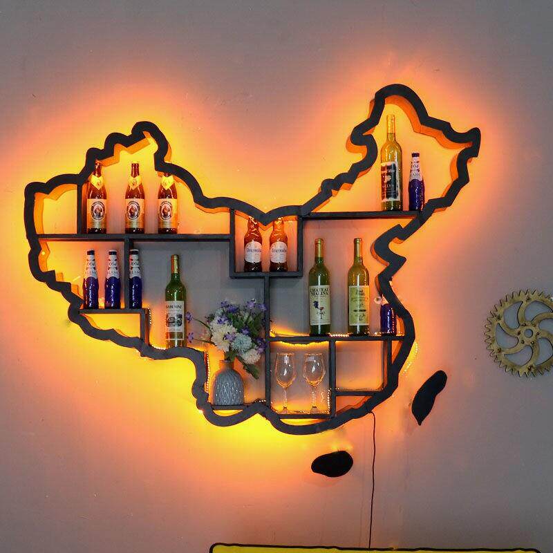 酒吧红酒柜墙上家用壁挂书架铁艺发光中国地图展示酒架置物书架柜