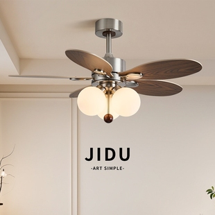 几度中古风电扇灯餐厅卧室木叶法灯式 复古吊扇灯客厅奶油中古风扇