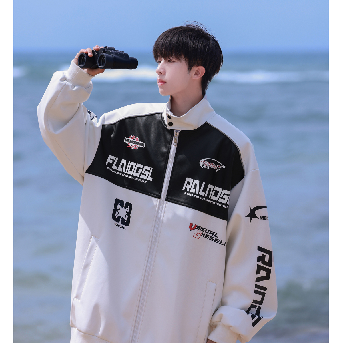 帅气机车赛车服皮衣外套男春秋季潮牌拼接大码宽松休闲情侣pu夹克