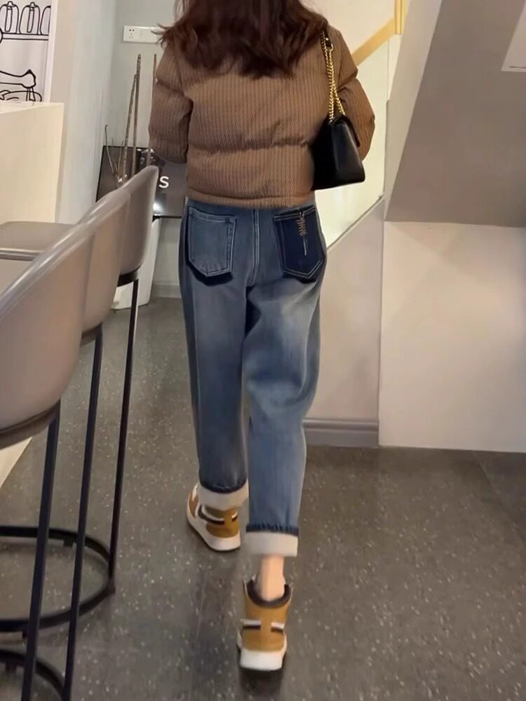 HIGH-WAISTED VELVET STRAIGHT-LEG JEANS WOMENS AUTUMN AND WINTER NEW PEAR-SHAPED BODY PLUS-SIZE SMALL MAN SKINNY HARLAN DAD PANTS