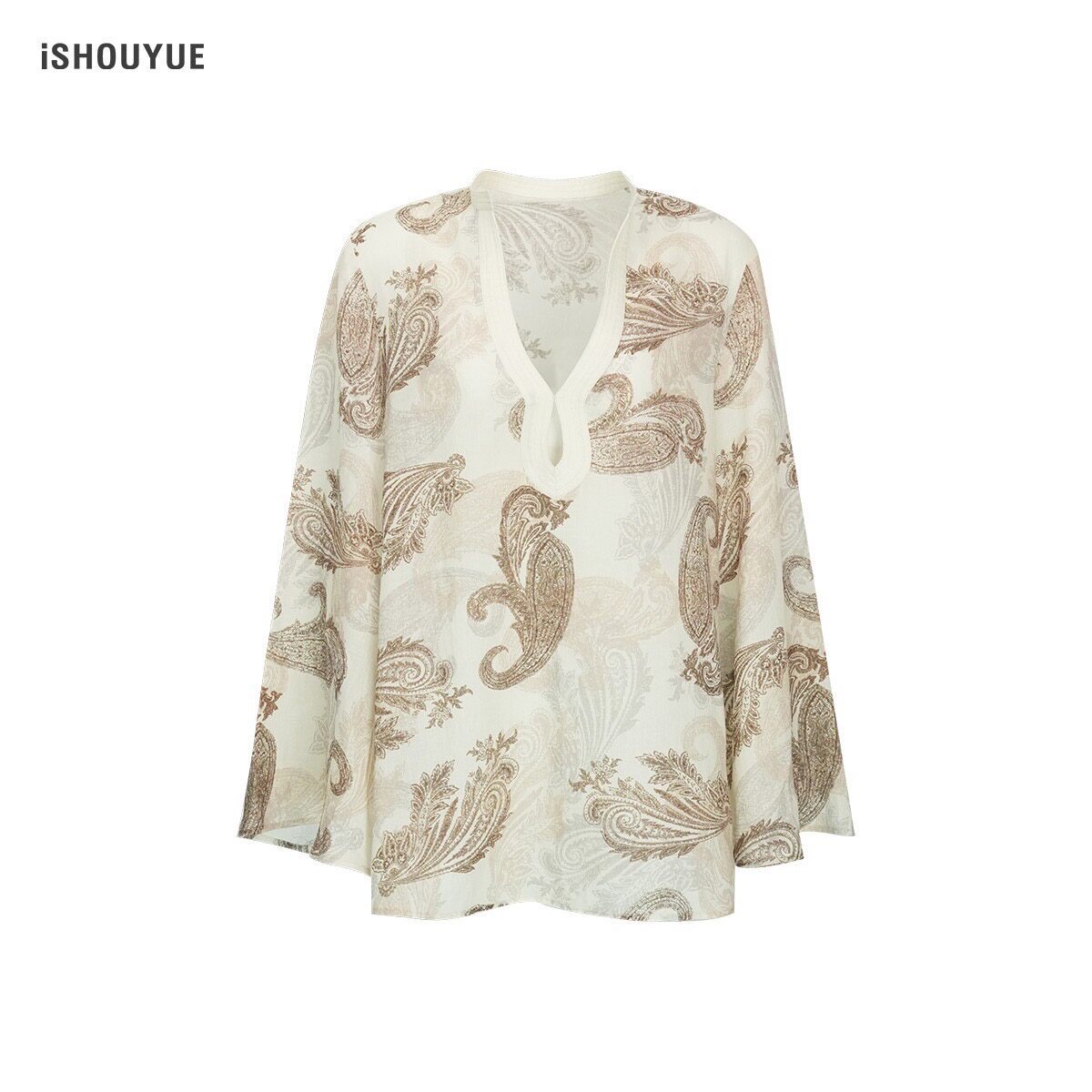 iSHOUYUE · 佩斯利度假感苎麻上衣长袖休闲中式女士衬衫