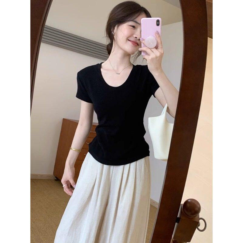 黑色U领正肩短袖T恤女2026夏季新款薄款修身显瘦百搭短款打底上衣