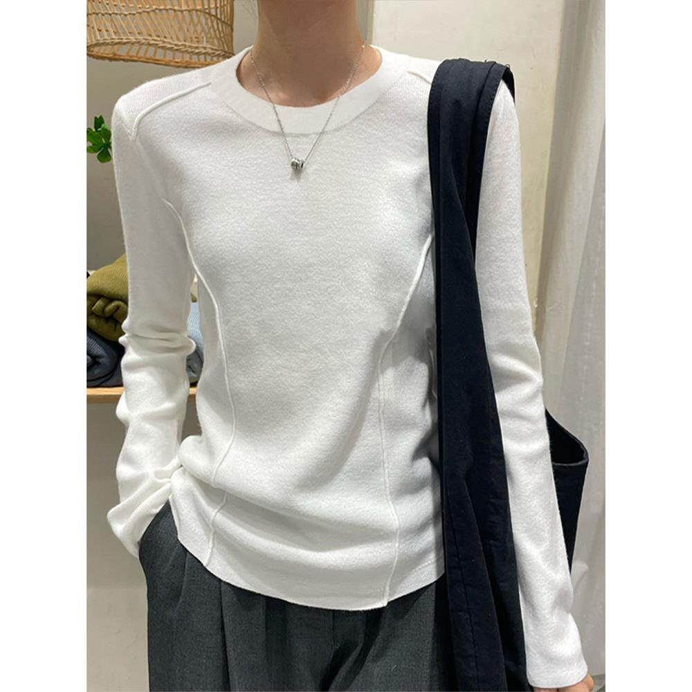 早春保暖白色磨毛长袖T恤女2026新款欧货纯色修身内搭打底上衣