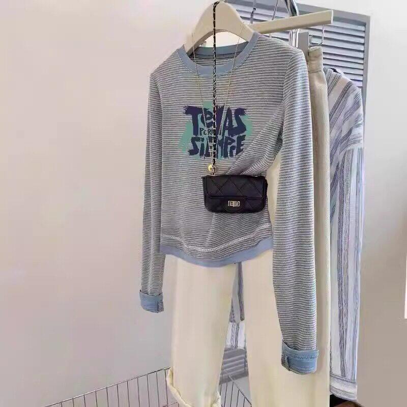 2026春撞色条纹长袖T恤女小个子短款收腰显瘦百搭内搭打底衫上衣