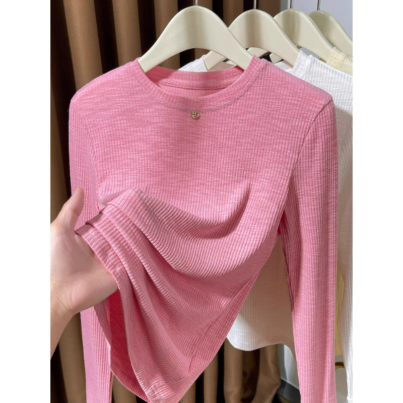 粉色薄款针织打底衫女2026春季新款高级感洋气内搭圆领长袖针织衫