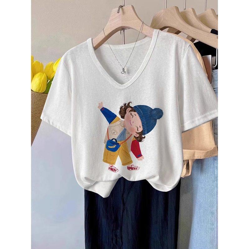 2026纯棉白色V领短袖T恤女印花宽松正肩夏季休闲减龄高品质上衣潮