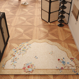 新中式花卉半圆形地垫入户门垫黄色进门丝圈地毯室外除尘门口脚垫