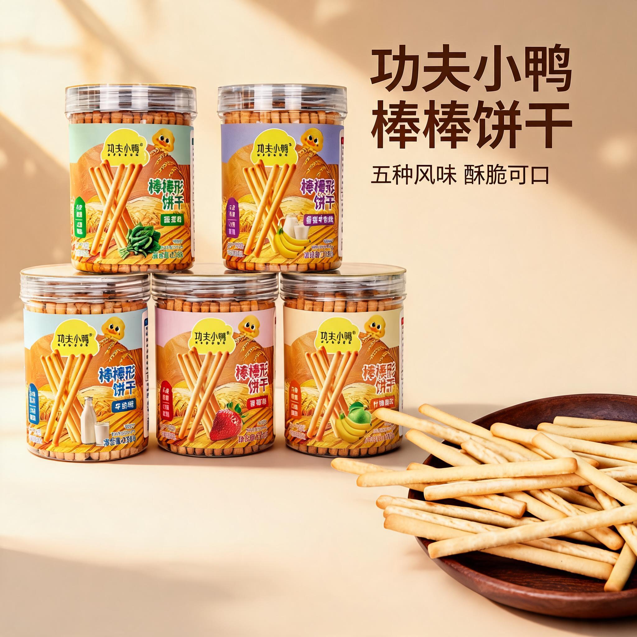 功夫小鸭棒棒饼干炭烧棒长条手指饼牛奶棒果蔬味休闲充饥零食230g
