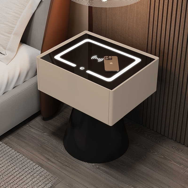 无线充电网红床头柜2025新款实木猫抓皮床尾柜玻璃铁艺智能床边柜