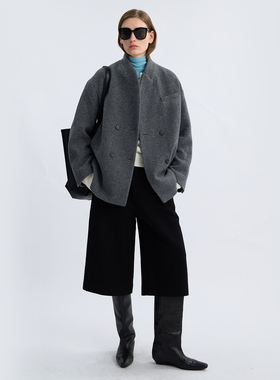 LIAC ROC 经典西装领针织30%羊毛大衣女秋冬灰色新款中长款外套