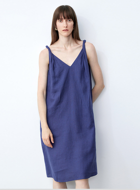 LIAC ROC 25夏季新品舒适简约气质苎麻连衣裙肩带扭结V领吊带裙