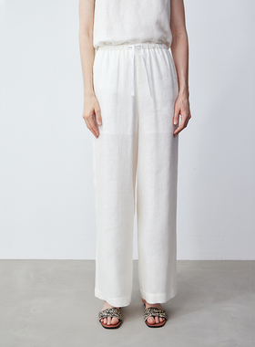 LIAC ROC 25夏季新品亚麻舒适柔软立裁直筒裤白色百搭系带长裤女