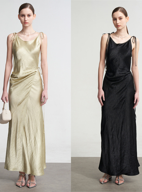 LIAC ROC春夏新款醋酸吊带连衣裙裹胸式褶皱缎面系带无袖长裙