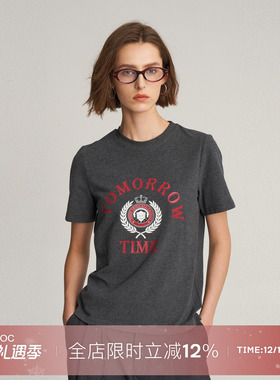 LIAC ROC 秋季新款女灰色短袖印花T恤英伦风针织上衣