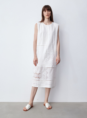LIAC ROC 25夏新亚麻宽松无袖连衣裙蕾丝花边拼接镂空直筒背心裙