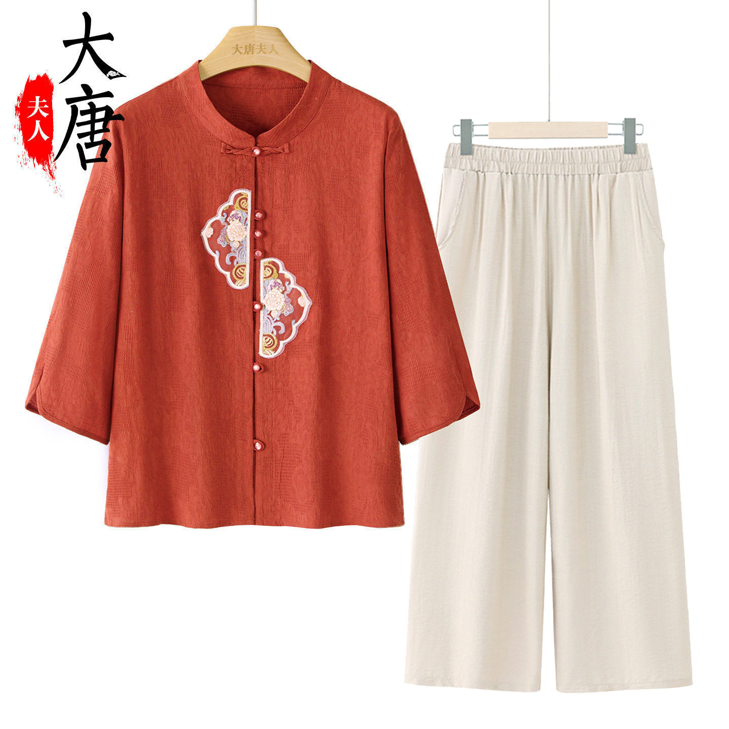 新中式妈妈夏装纯棉衬衫洋气中老年人女妇女上衣T恤奶奶外套衣服