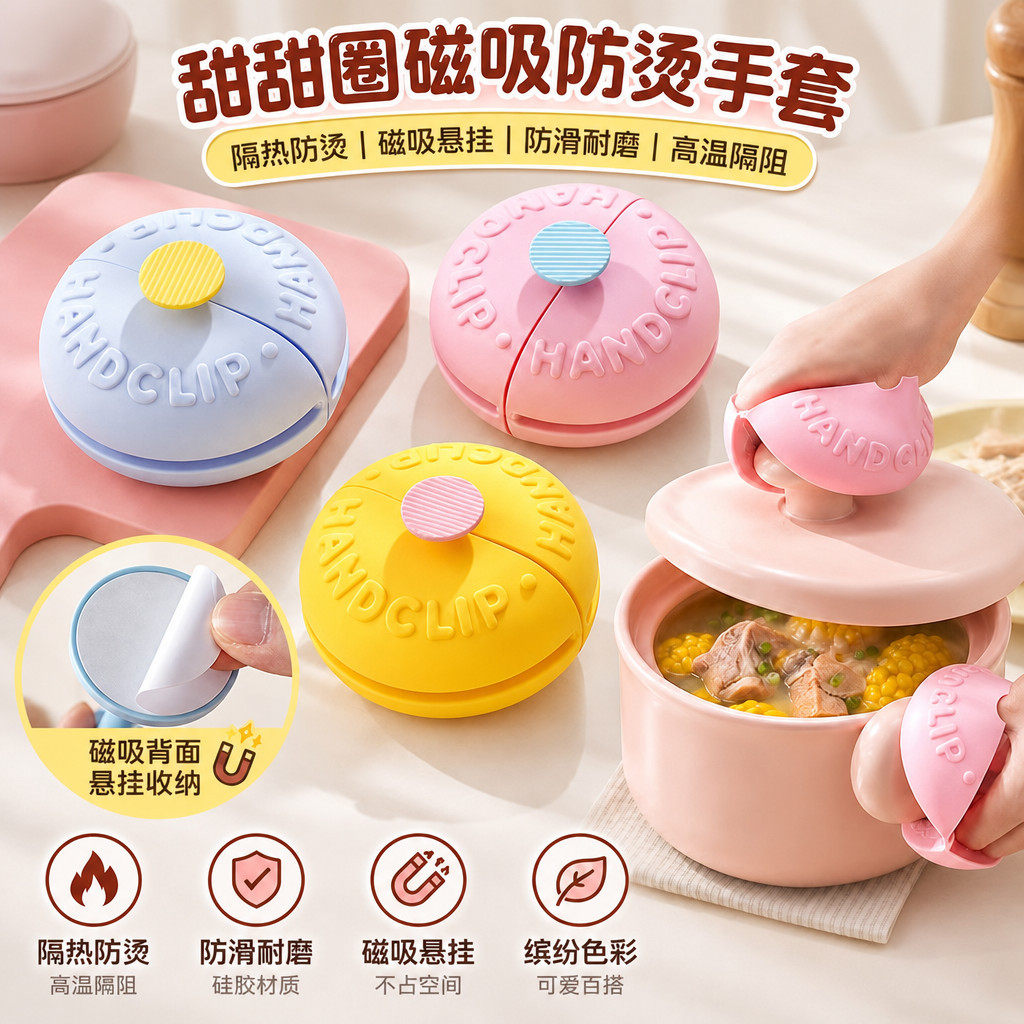 甜甜圈磁吸防烫手硅胶手夹加厚耐高温厨房微波炉烤箱隔热锅把手pd