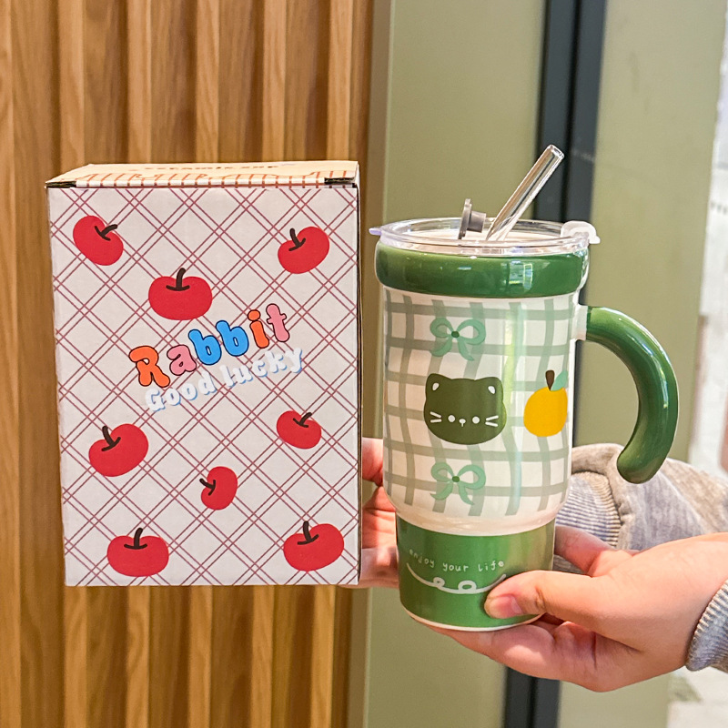 猫咪冰霸杯高颜值可爱陶瓷吸管