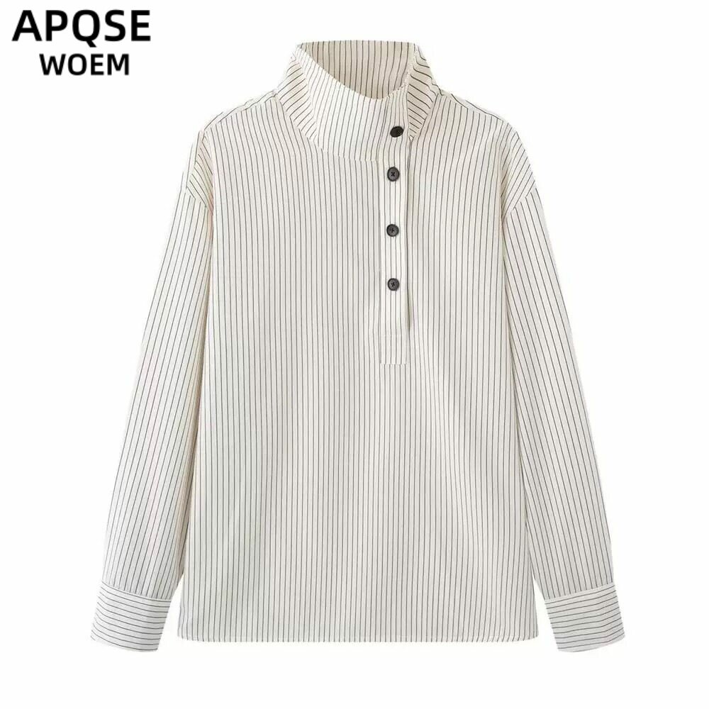 艾诺丝旺京2026春季新立领条纹衬衫女长袖宽松百搭显瘦上衣6918