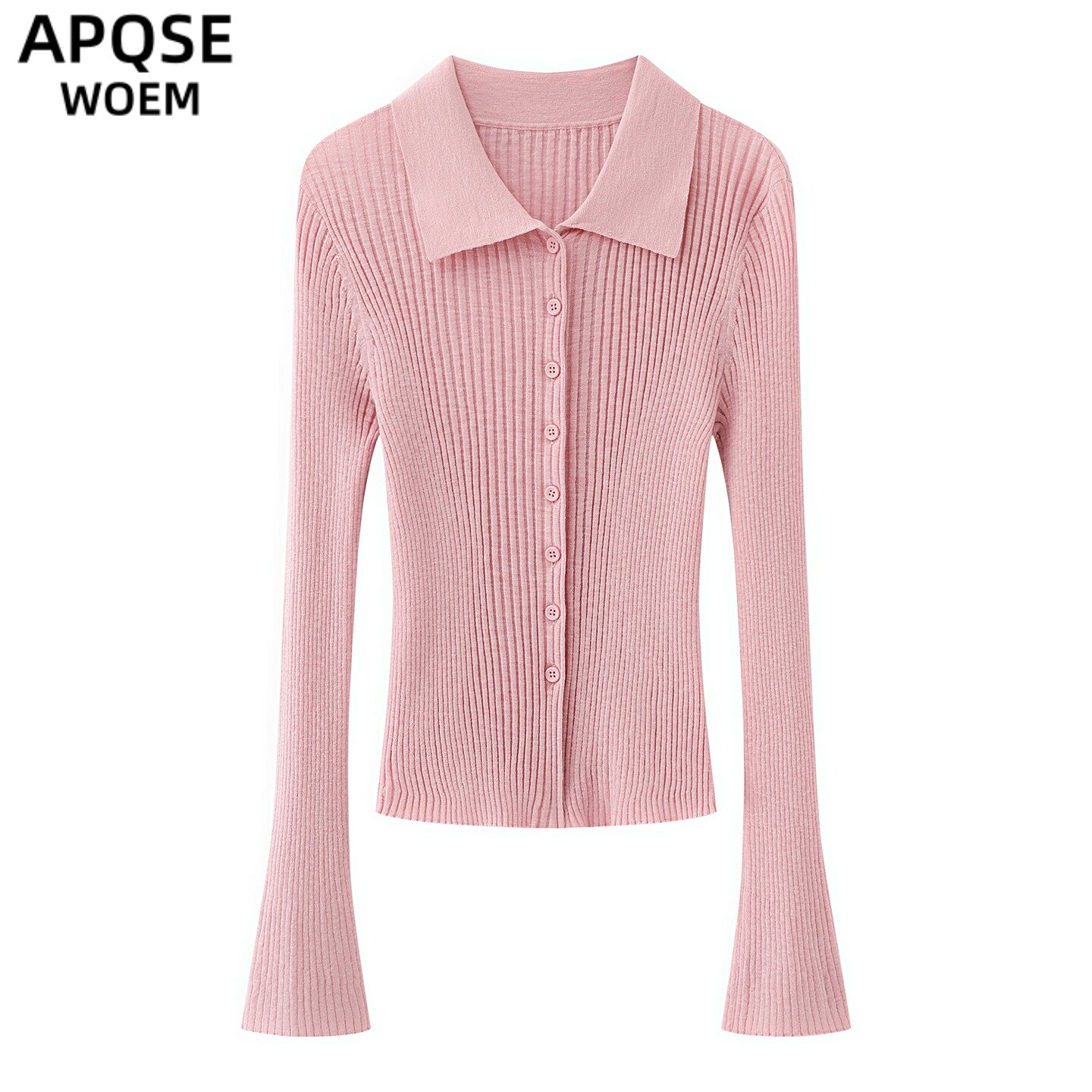 艾诺丝旺京2026春季新款翻领针织开衫色喇叭袖修身显瘦毛衣0115