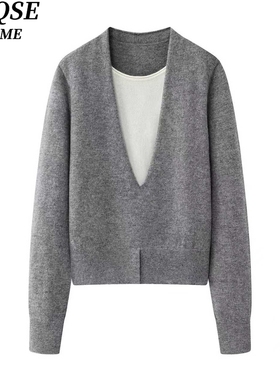艾诺丝旺京官方旗舰店2025冬装新款V领假两件针织衫毛衣女4152